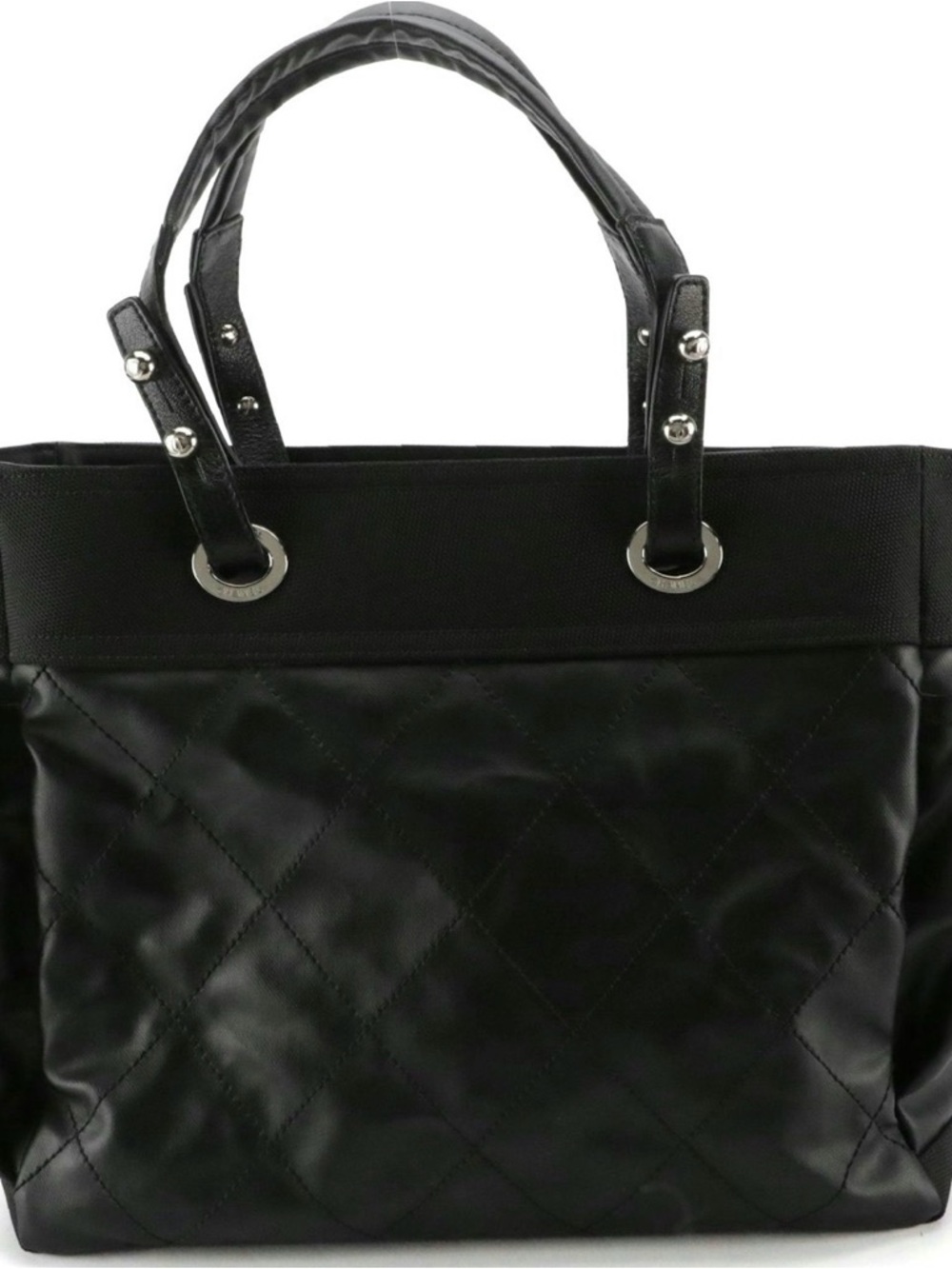 CHANEL Paris Biarritz Tote, Black Quilted Coated Canvas w Top Handles  Zip Pouch